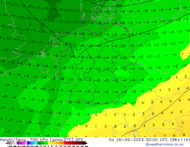 Hoogte/Temp. 700 hPa GFS za 28.09.2024 00 UTC