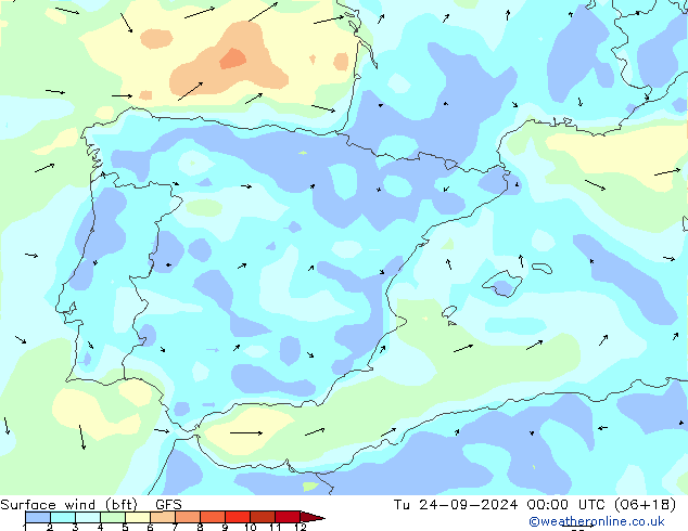 Surface wind (bft) GFS Tu 24.09.2024 00 UTC