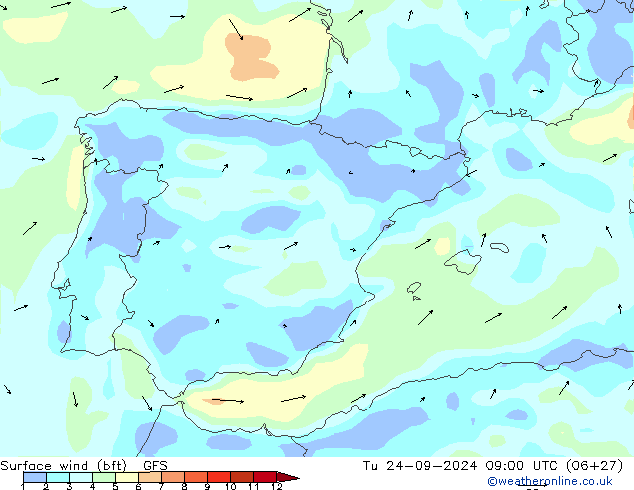 Bodenwind (bft) GFS Di 24.09.2024 09 UTC