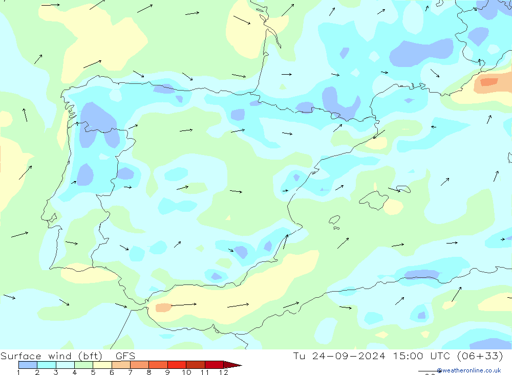 Surface wind (bft) GFS Tu 24.09.2024 15 UTC