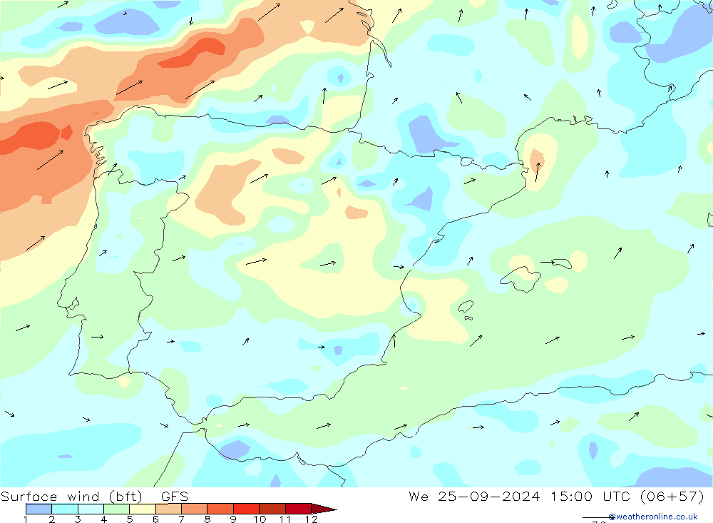 Vento 10 m (bft) GFS mer 25.09.2024 15 UTC