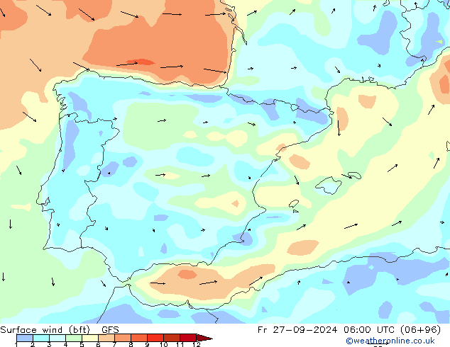 wiatr 10 m (bft) GFS pt. 27.09.2024 06 UTC