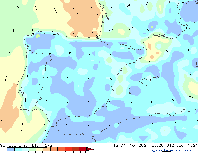  10 m (bft) GFS  01.10.2024 06 UTC