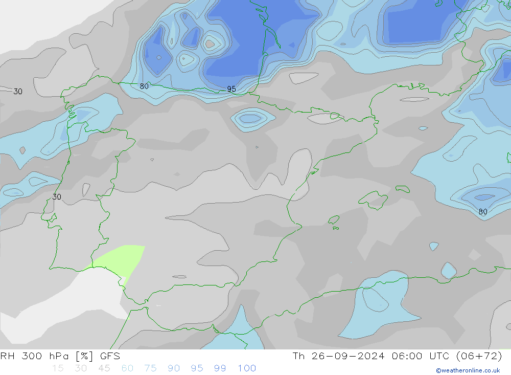 RH 300 hPa GFS gio 26.09.2024 06 UTC