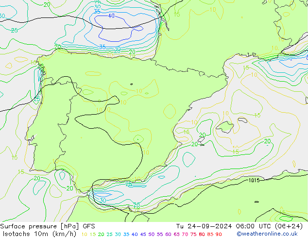 Isotachs (kph) GFS Tu 24.09.2024 06 UTC