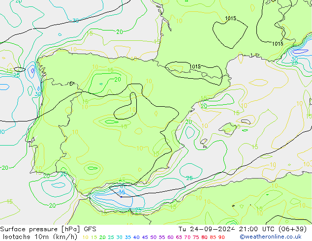 Isotachen (km/h) GFS di 24.09.2024 21 UTC