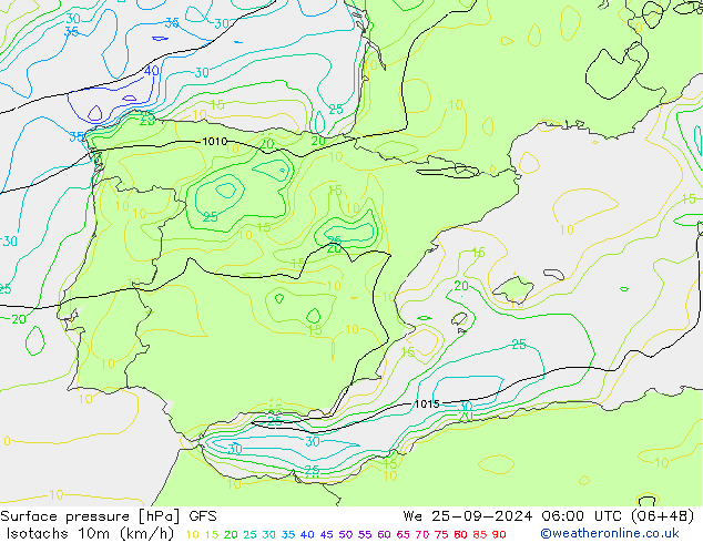 Izotacha (km/godz) GFS śro. 25.09.2024 06 UTC