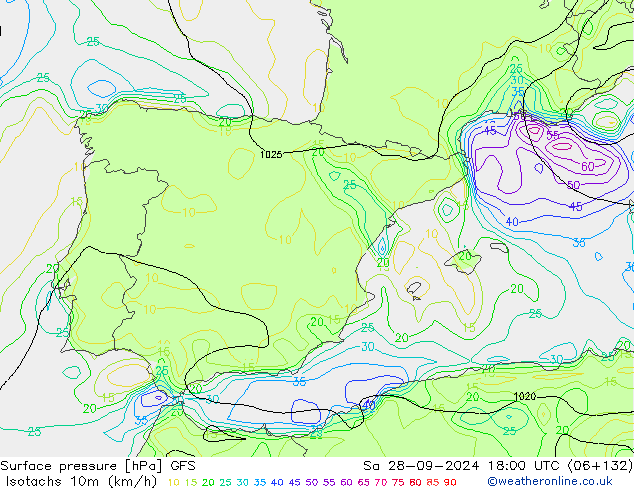 Izotacha (km/godz) GFS so. 28.09.2024 18 UTC