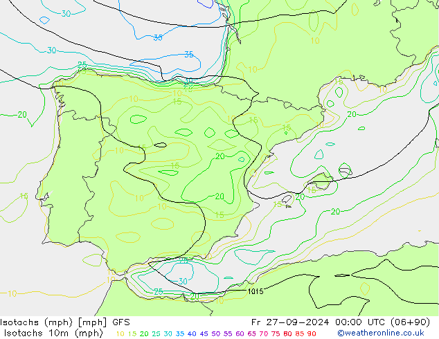 Isotachs (mph) GFS Fr 27.09.2024 00 UTC