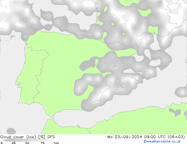 Cloud cover (low) GFS Mo 23.09.2024 09 UTC