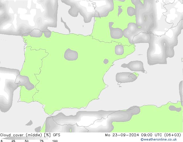 Cloud cover (middle) GFS Mo 23.09.2024 09 UTC