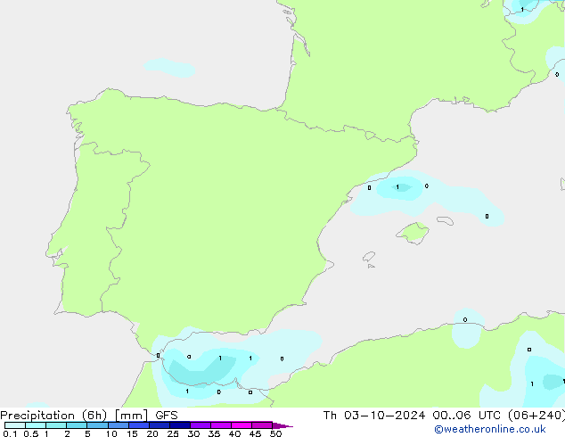 Precipitation (6h) GFS Th 03.10.2024 06 UTC