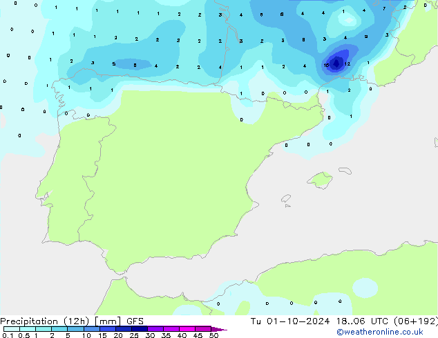 Precipitation (12h) GFS Tu 01.10.2024 06 UTC