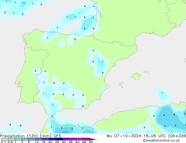 Precipitation (12h) GFS Mo 07.10.2024 06 UTC