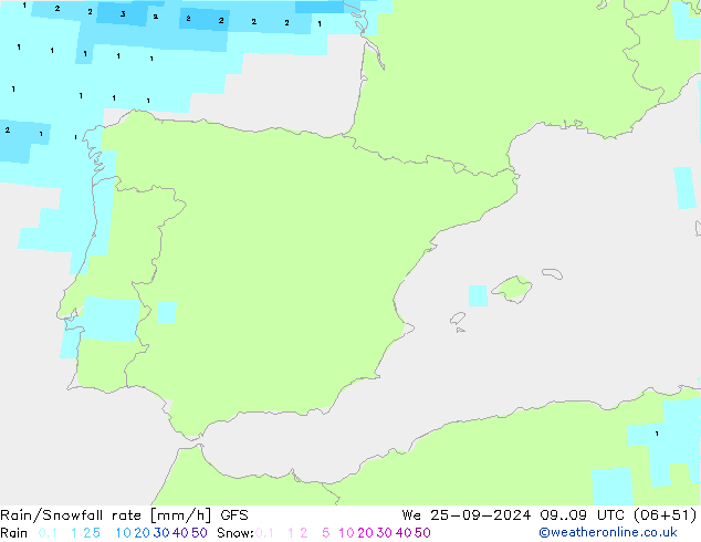 Rain/Snowfall rate GFS We 25.09.2024 09 UTC