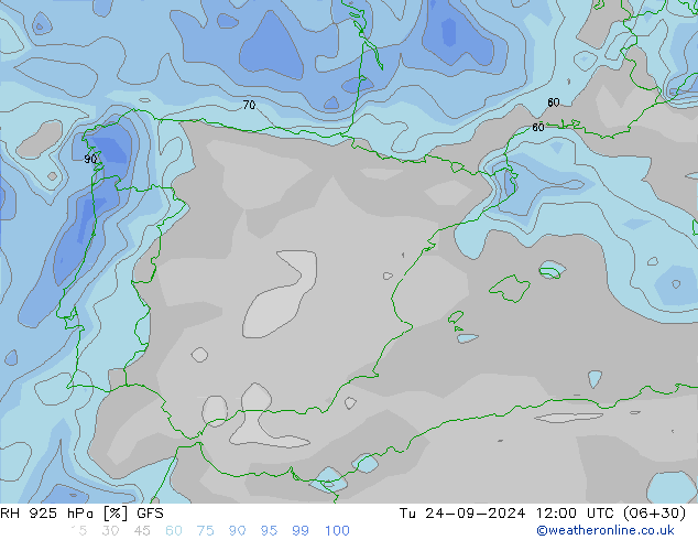 RH 925 hPa GFS Tu 24.09.2024 12 UTC