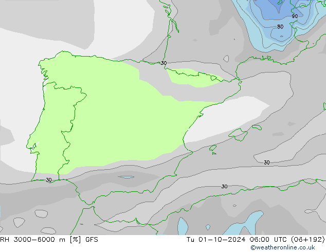 RH 3000-6000 m GFS Tu 01.10.2024 06 UTC