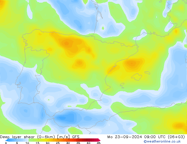 Deep layer shear (0-6km) GFS Mo 23.09.2024 09 UTC