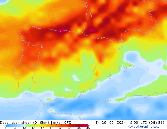 Deep layer shear (0-6km) GFS Per 26.09.2024 15 UTC