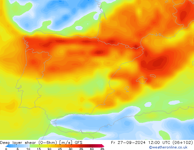 Deep layer shear (0-6km) GFS ven 27.09.2024 12 UTC