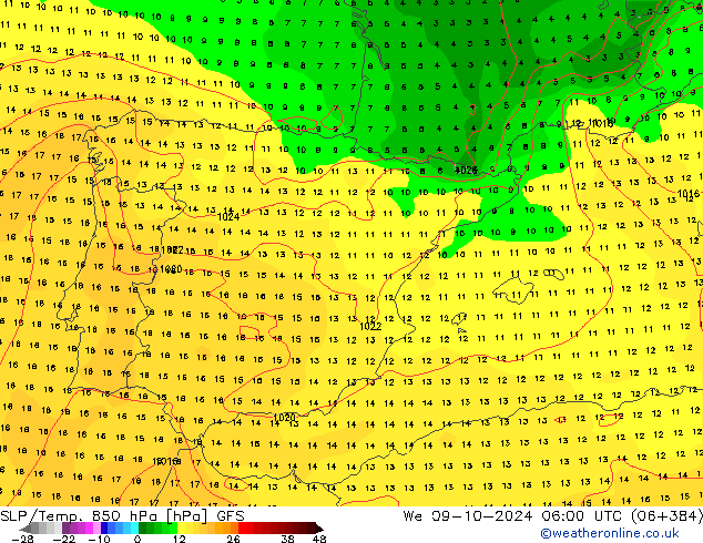 SLP/Temp. 850 hPa GFS  09.10.2024 06 UTC