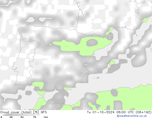 Cloud cover (total) GFS Út 01.10.2024 06 UTC