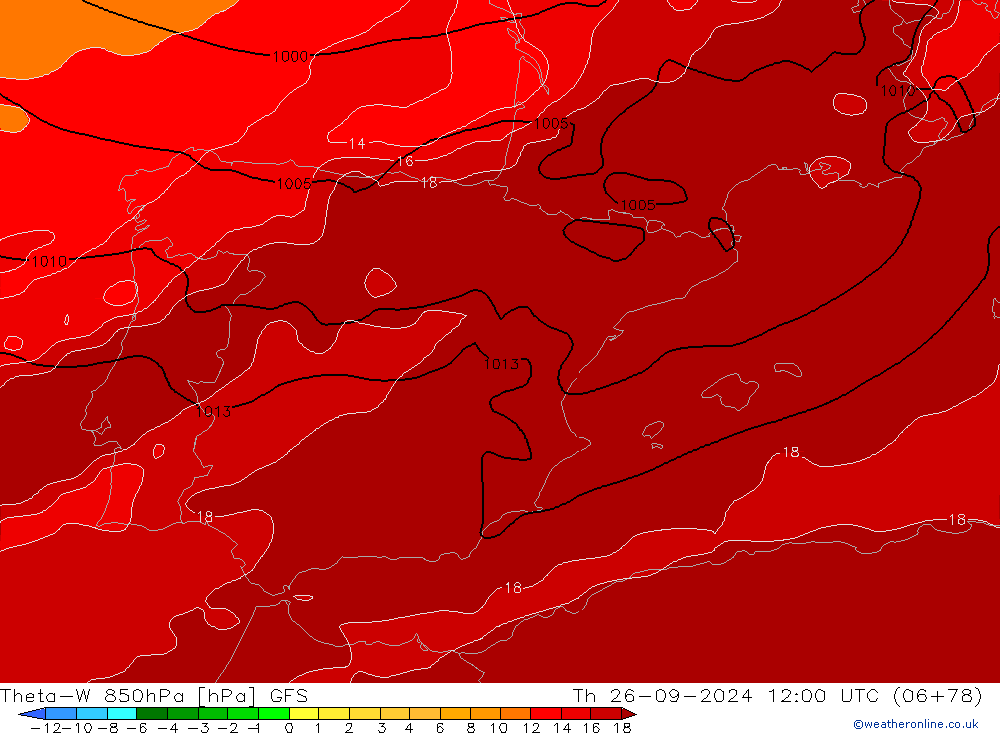 Theta-W 850гПа GFS чт 26.09.2024 12 UTC