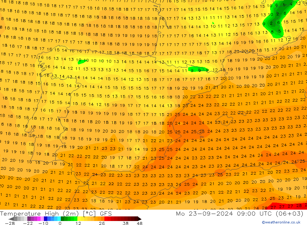 Max.temperatuur (2m) GFS ma 23.09.2024 09 UTC