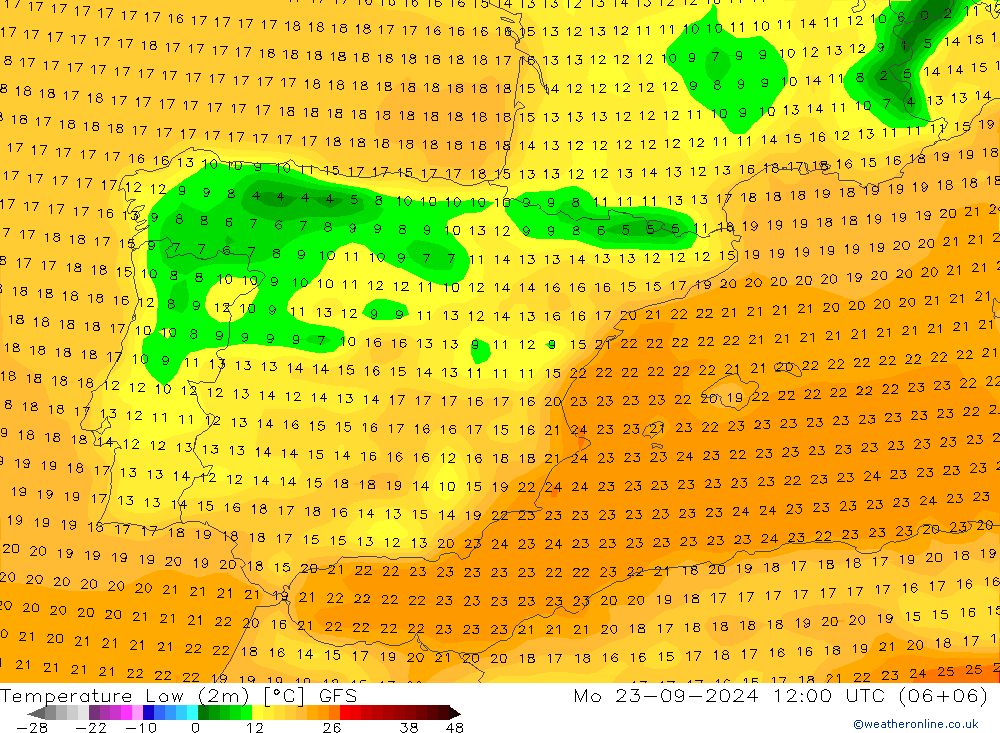 Min.temperatuur (2m) GFS ma 23.09.2024 12 UTC