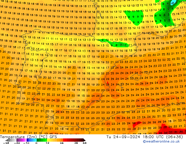 température (2m) GFS mar 24.09.2024 18 UTC