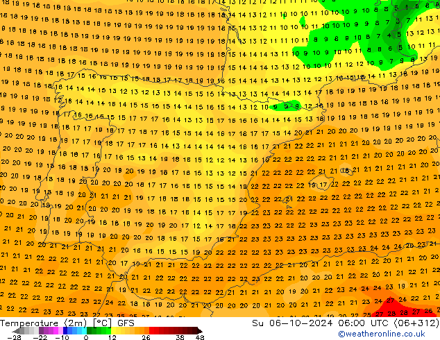 Temperatuurkaart (2m) GFS zo 06.10.2024 06 UTC