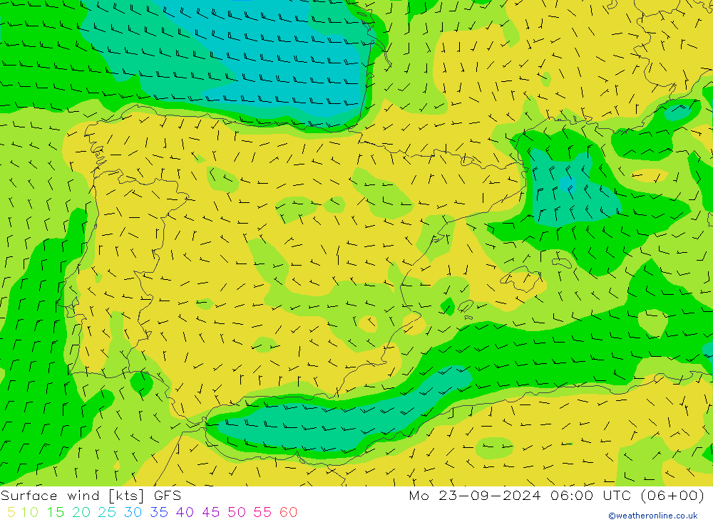 Rüzgar 10 m GFS Pzt 23.09.2024 06 UTC