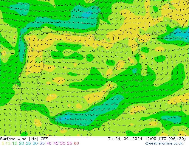 Surface wind GFS Tu 24.09.2024 12 UTC