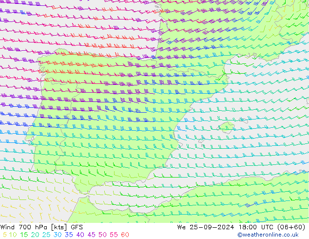 Wind 700 hPa GFS We 25.09.2024 18 UTC