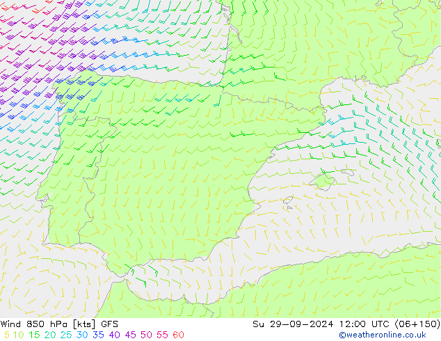 Rüzgar 850 hPa GFS Paz 29.09.2024 12 UTC