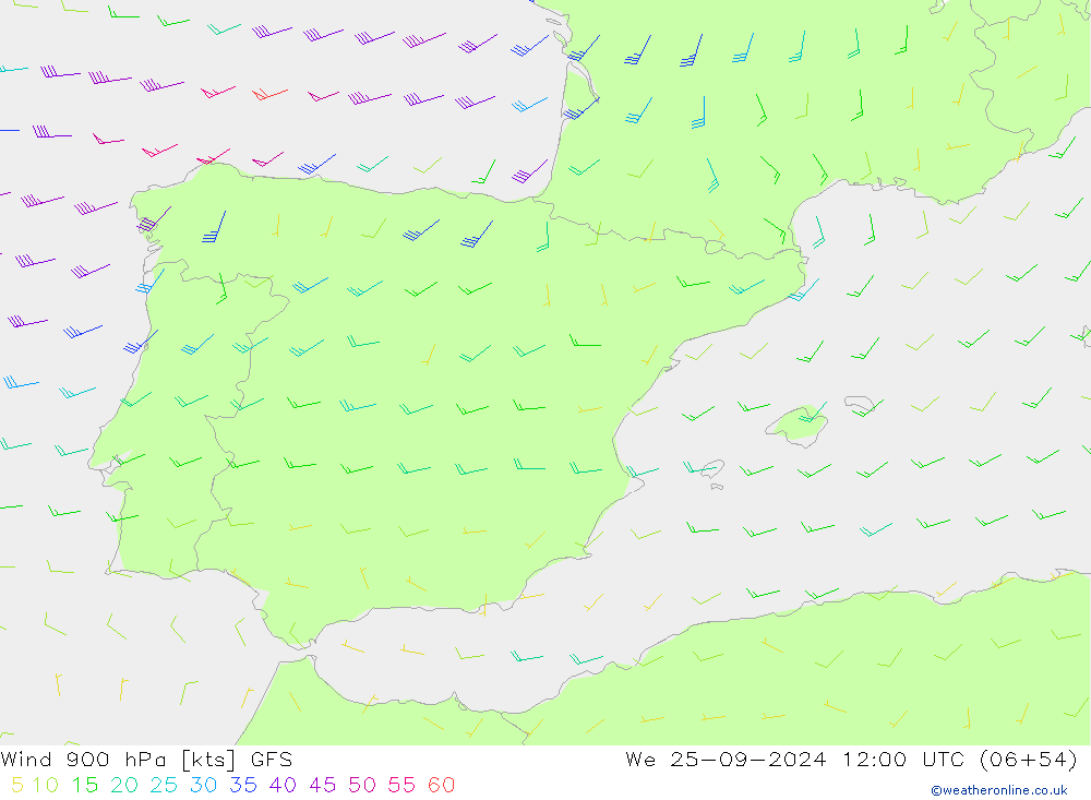 Wind 900 hPa GFS We 25.09.2024 12 UTC