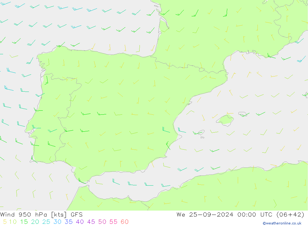 Vento 950 hPa GFS mer 25.09.2024 00 UTC