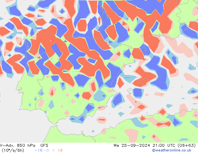 V-Adv. 850 hPa GFS śro. 25.09.2024 21 UTC