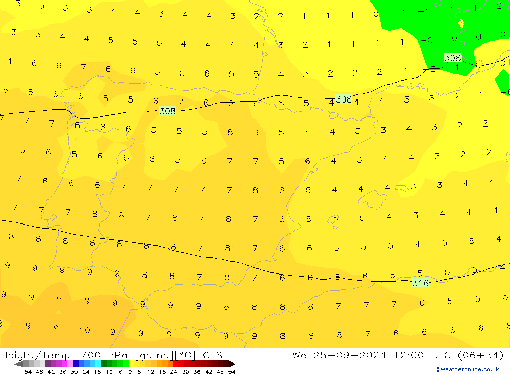 Height/Temp. 700 hPa GFS We 25.09.2024 12 UTC