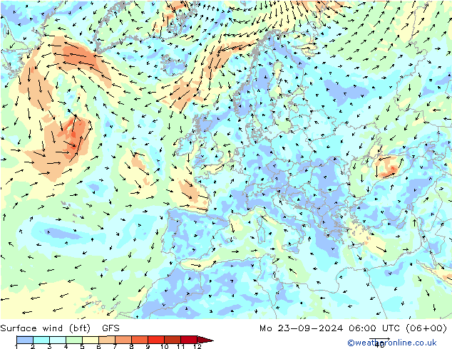 Vento 10 m (bft) GFS lun 23.09.2024 06 UTC