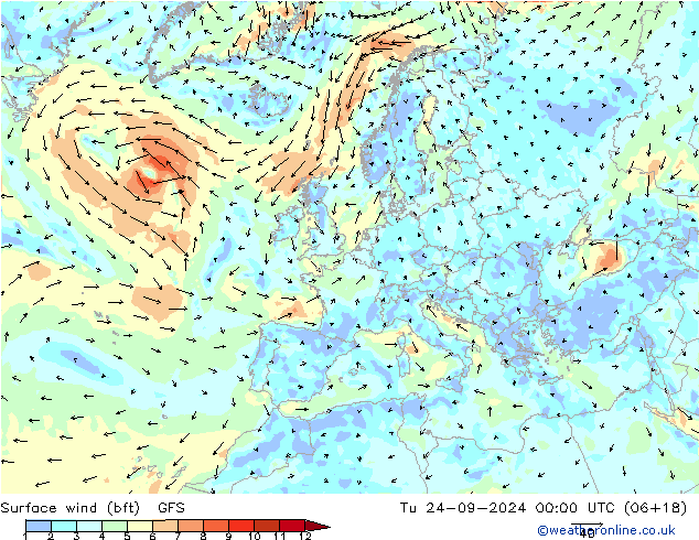 wiatr 10 m (bft) GFS wto. 24.09.2024 00 UTC