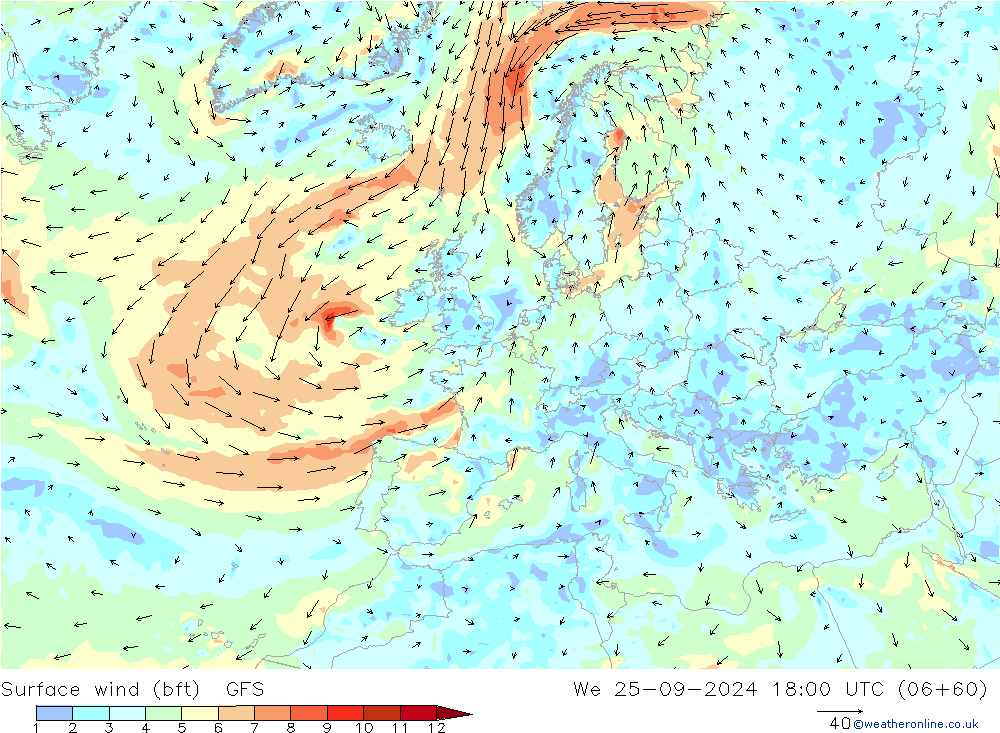 Vent 10 m (bft) GFS mer 25.09.2024 18 UTC