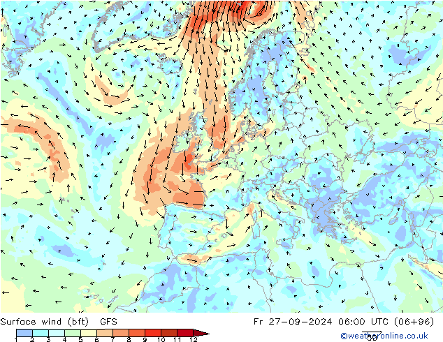  10 m (bft) GFS  27.09.2024 06 UTC