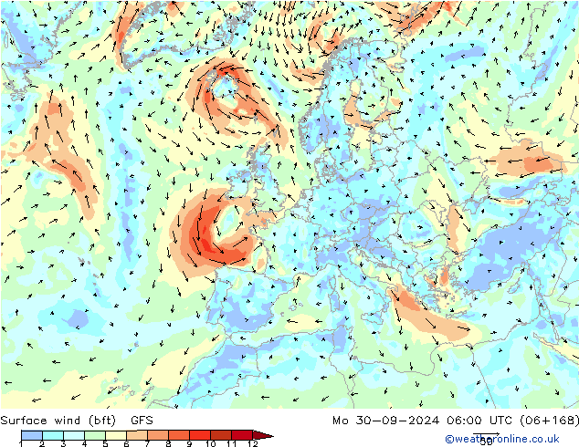 Bodenwind (bft) GFS Mo 30.09.2024 06 UTC