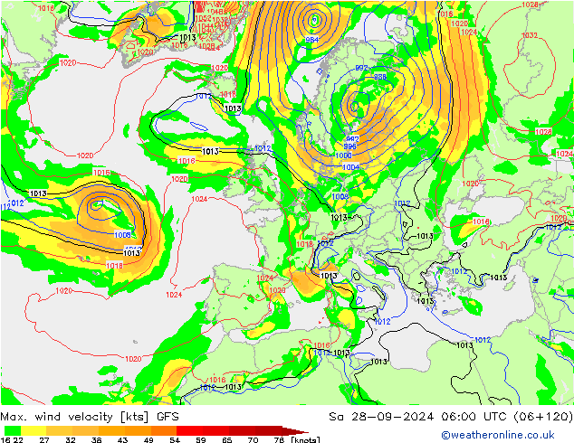 Max. wind snelheid GFS za 28.09.2024 06 UTC