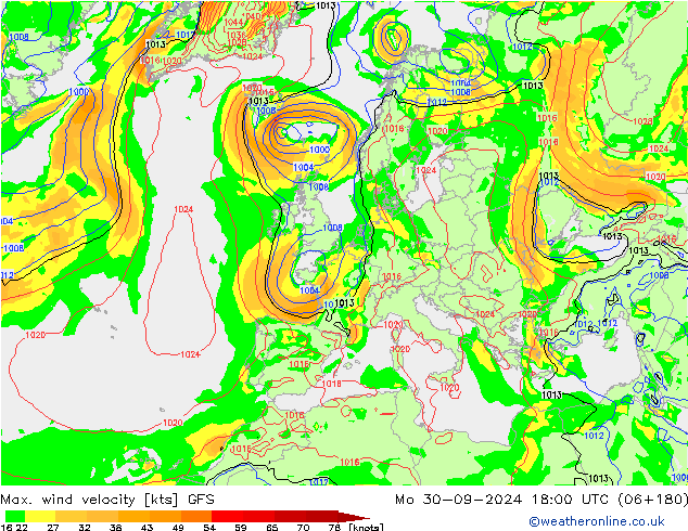 Max. wind velocity GFS pon. 30.09.2024 18 UTC