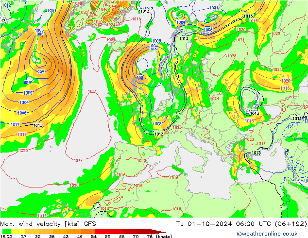 Max. wind velocity GFS Tu 01.10.2024 06 UTC