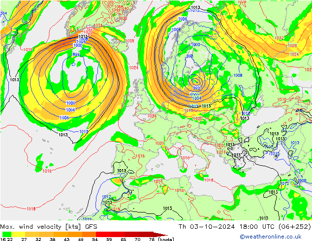 Max. wind velocity GFS gio 03.10.2024 18 UTC