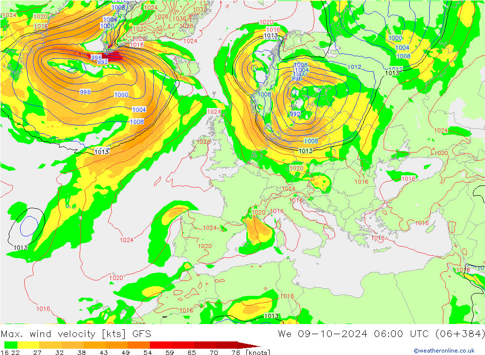 Max. wind velocity GFS mer 09.10.2024 06 UTC