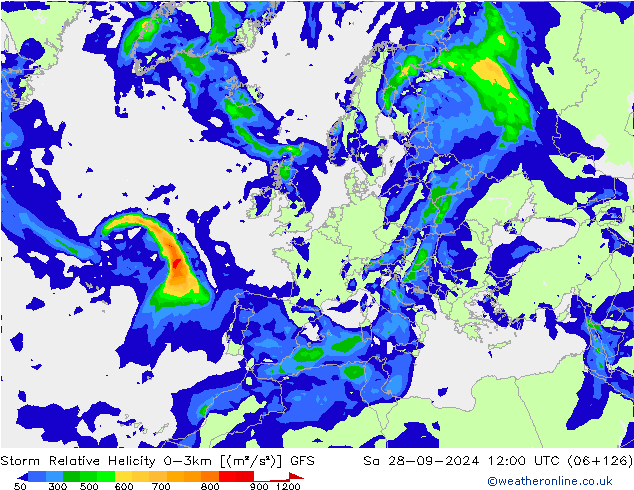 Storm Relative Helicity GFS Sa 28.09.2024 12 UTC